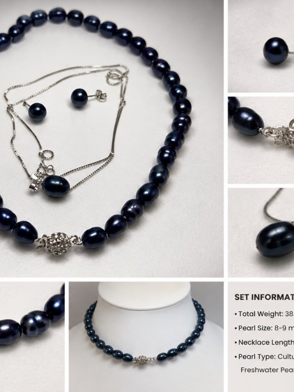 PNE-01-BLK-Set-Classic Black Pearl Jewelry Set • Elegant Vintage Glam • Bridal E